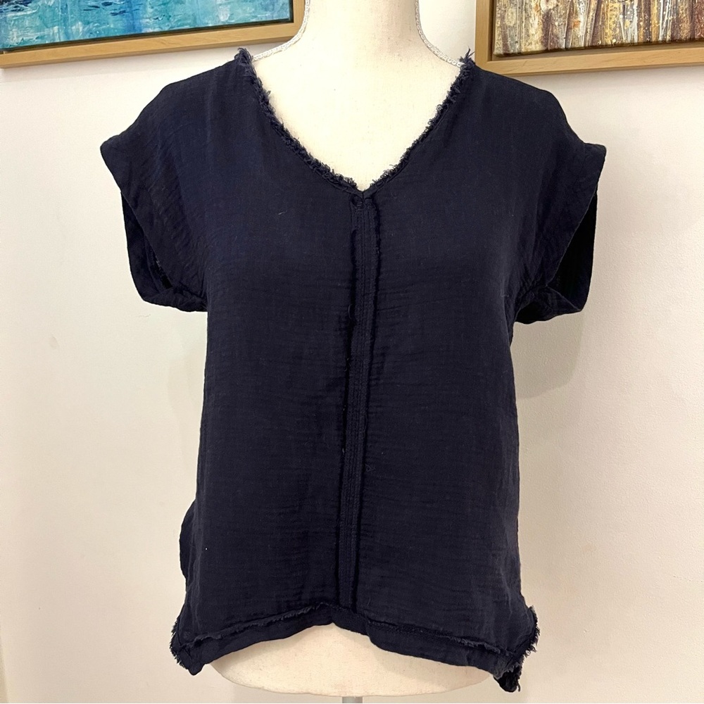 NWT FOR THE REPUBLIC Raw Edge Distressed Navy Blue Shirt (Small)